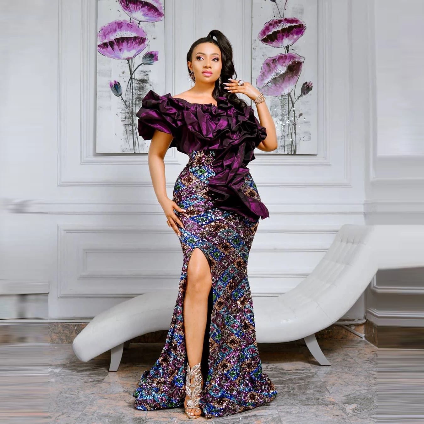 Glitter Colorful Evening Dresses Aso Ebi Handmade Flower Ruffles Satin Plus Size Women Prom Party Dressing Gowns 0431