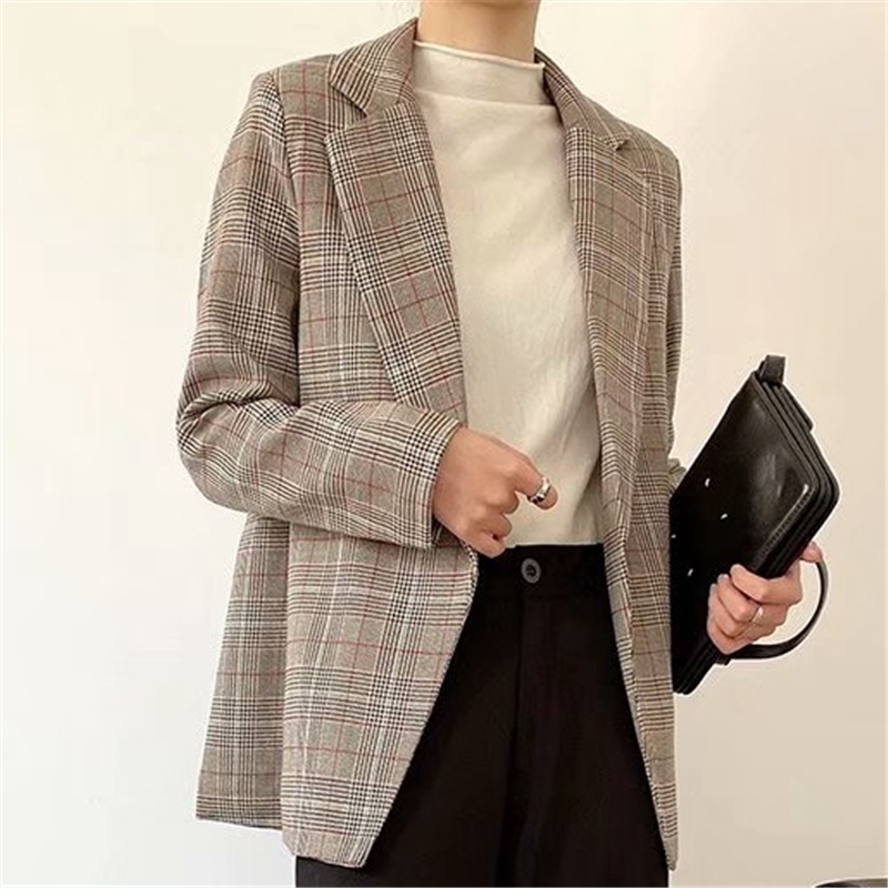 Streetwear Women Plaid Blazers Fashion Ladies Sashes Silm Long Jackets Vintage Female Chic Notched Collar Coats 210527