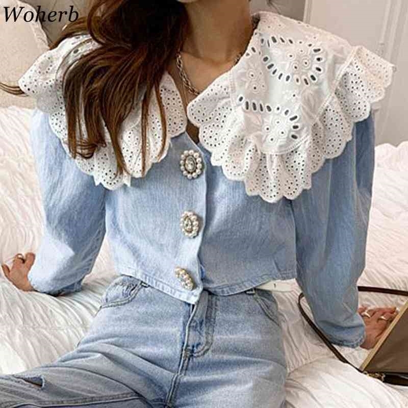 Elegant Tops Women Denim Shirt Lace Doll Collar Korean Style Fashion Blouse Cropped Vintage Blouses Blusas 210519
