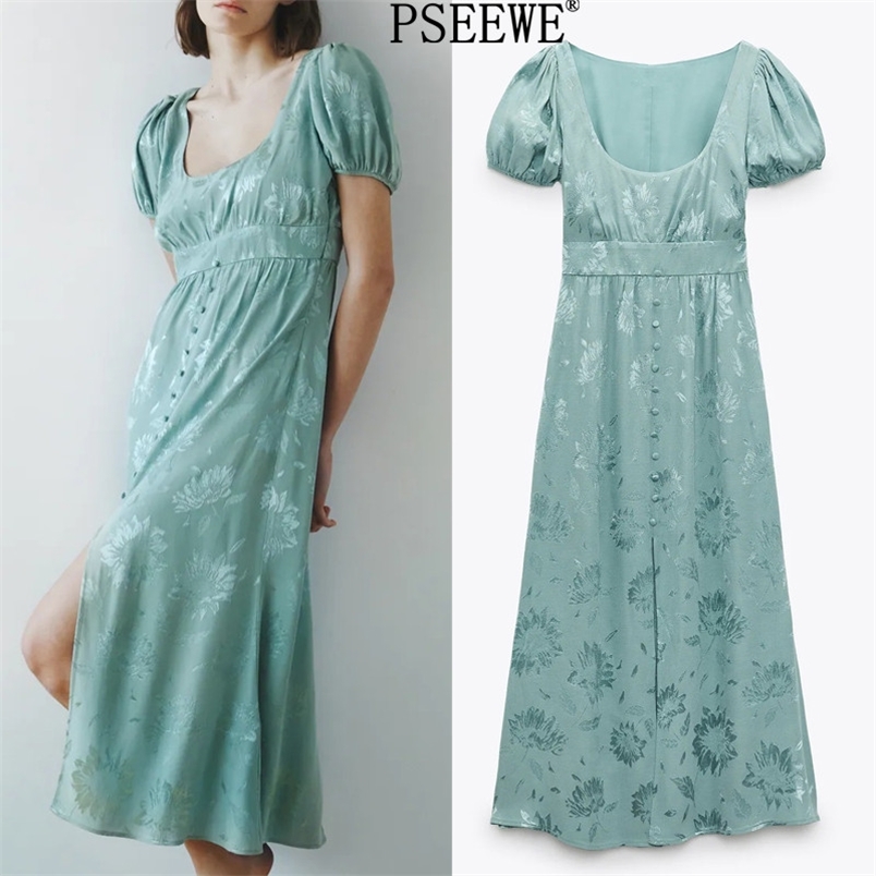 Summer Dress Women Blue Floral Jacquard Long Woman Midi Vintage Short Puff Sleeve Elegant Women's es 210519 
Summer Dress Women Blue Floral Jacquard Long Woman Midi Vintage Short Puff Sleeve Elegant Women's es 210519
