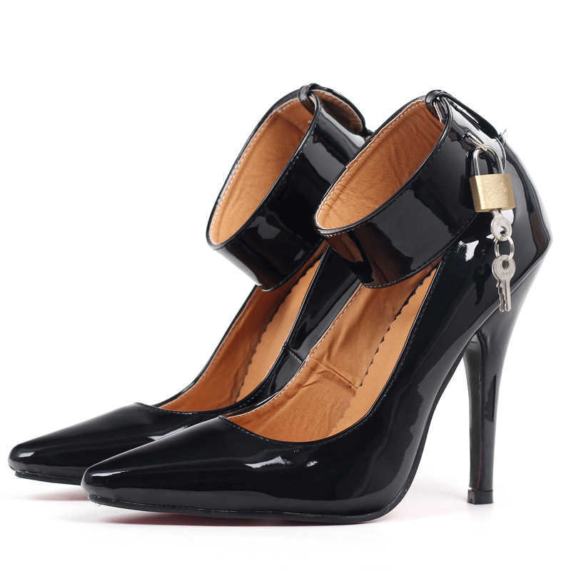 jialuowei BDSM Sexy Fetish High-Heel Pumps Lock And Key 5" High Heels Pointed Toe Ankle Strap Padlocks Shoes Plus size 36-46 210907