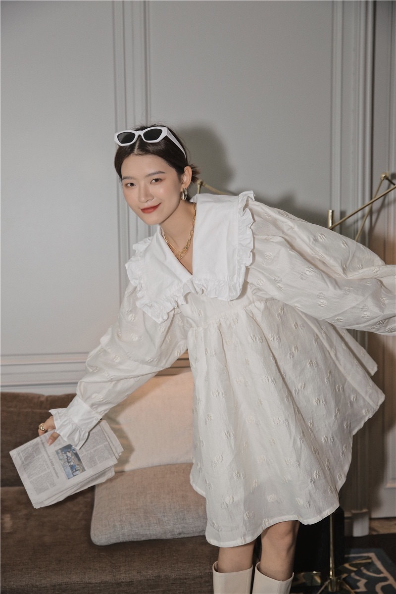 Jacquard Peter Pan Collar Lantern Sleeve Dress Spring Runway Long Floral Mini Loose Ruched Women 210427