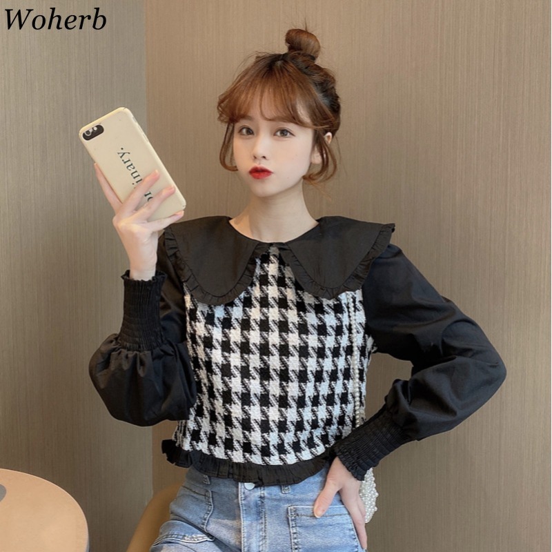 Sweet Plaid Blouse Women Peter Pan Collar Shirt Causal Long Sleeve Blouses Korean Spring Blusas Top 210519