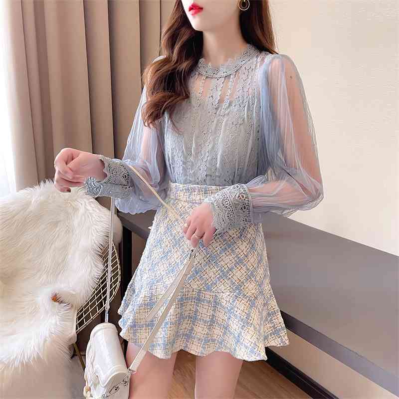 Spring Sweet Mesh Patchwork Lace Shirt Two Pieces Set + Trumpet Mermaid High Waist Tweed Woollen Skirt Suit 210520