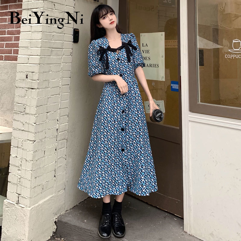 Elegant Kawaii V-neck Dresses Womens Printed Sashes Sweet Vintage Short Sleeve Chiffon A Line Vestidod Female Clothes 210506