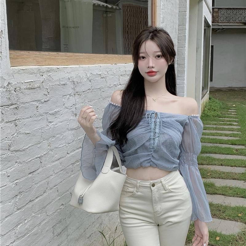 Women's Blouses & Shirts 2021 Clothing Early Autumn Korean Style Pearl Sling Flared Sleeves Word Shoulder Long Sleeve Chiffon, Blue
Women's Blouses & Shirts 2021 Clothing Early Autumn Korean Style Pearl Sling Flared Sleeves Word Shoulder Long Sleeve Chiffon, Blue