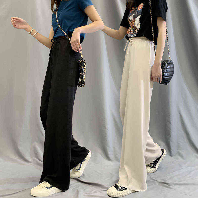 Spring Summer Women Wide Leg Pants High Waist Loose Casual Long Stacked Silk Women's Ice Ankle-Length Trousers 211115