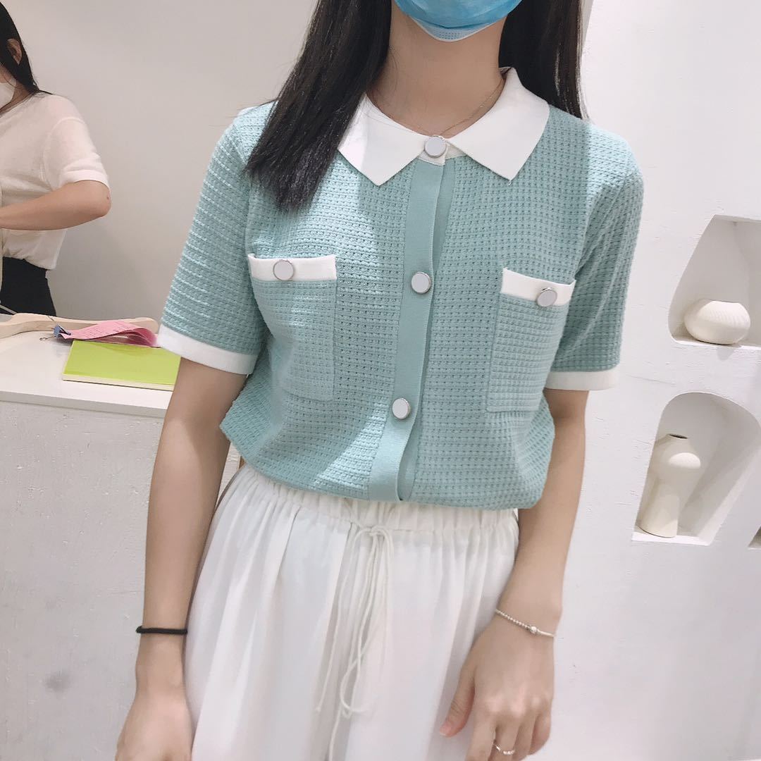 Casual Knitted T Shirt Women Short Sleeve Korean Fashion Turn-down Collar T-shirt Ladies Tops Tees 210519