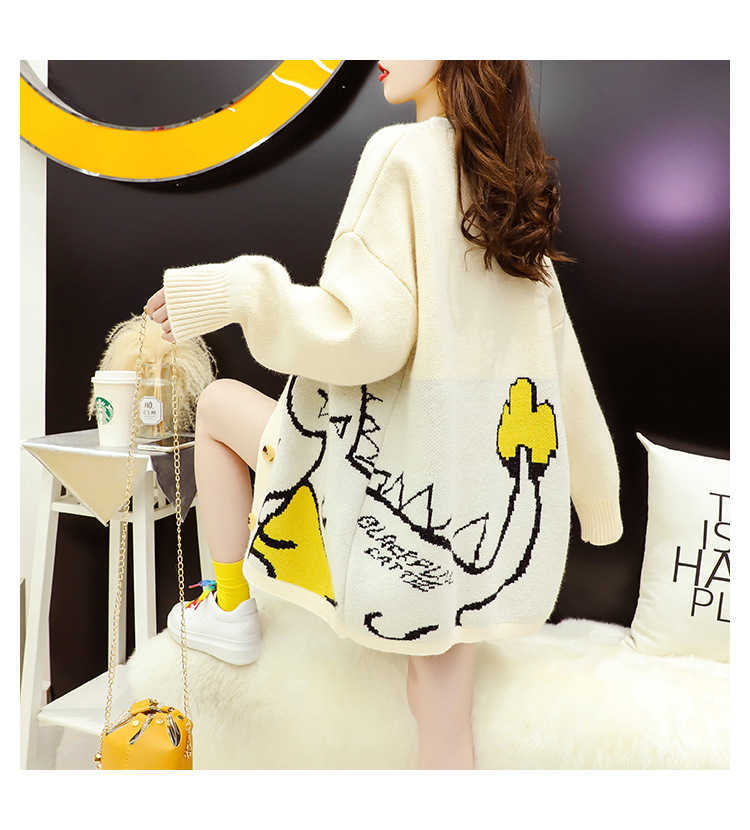 H.SA Korean Style Women Sweater Cardigans Cartoon Cute Dinosaur Jumpers Beige Black kawaii clothes Poncho Knit Jackets 210716
