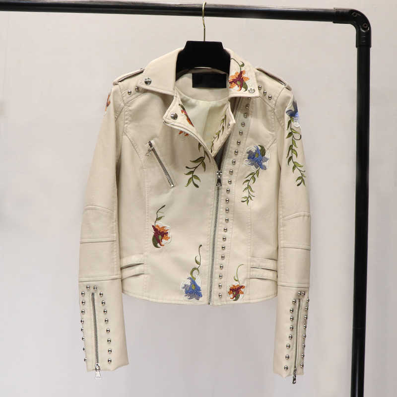 LY VAREY LIN Spring Women Floral Print Embroidery Faux Leather Jacket Turn-down Collar Pu Motorcycle Black Punk Outerwear 210526