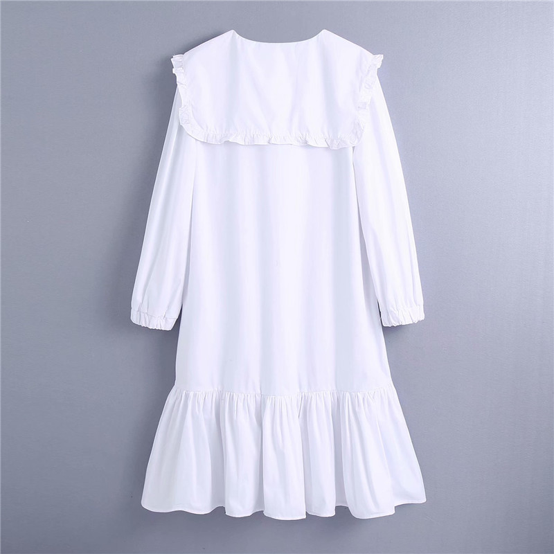 Evfer Women Elegant Big Peter pan Collar Sprint Autumn Long White Dresses Female Casual Sleeve High Waist Loose Dress Chic 210421