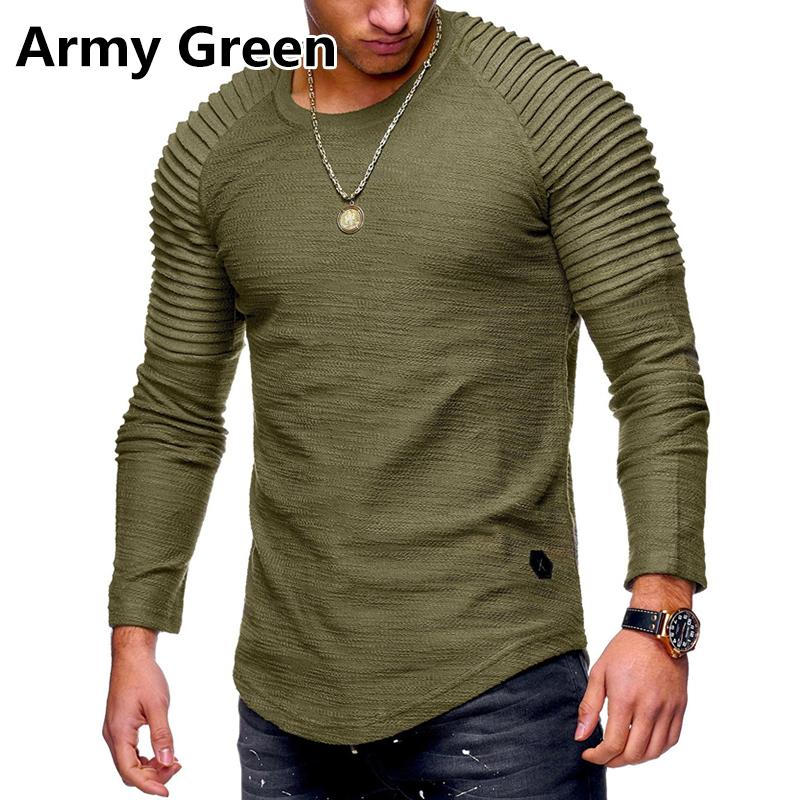 Solid Color Pleated Shirts Patch Long Sleeve Blouse T-Shirt Men Spring Casual Tops Pullovers Fashion Slim Basic Men's T-Shirts