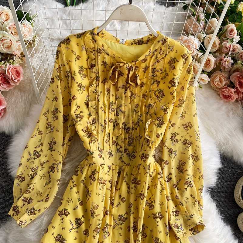 Spring and Autumn Fashion Bow Tie Chiffon Floral Print Dress Women High Waist Thin Long Sleeve Elegant Vestidos Q394 210527