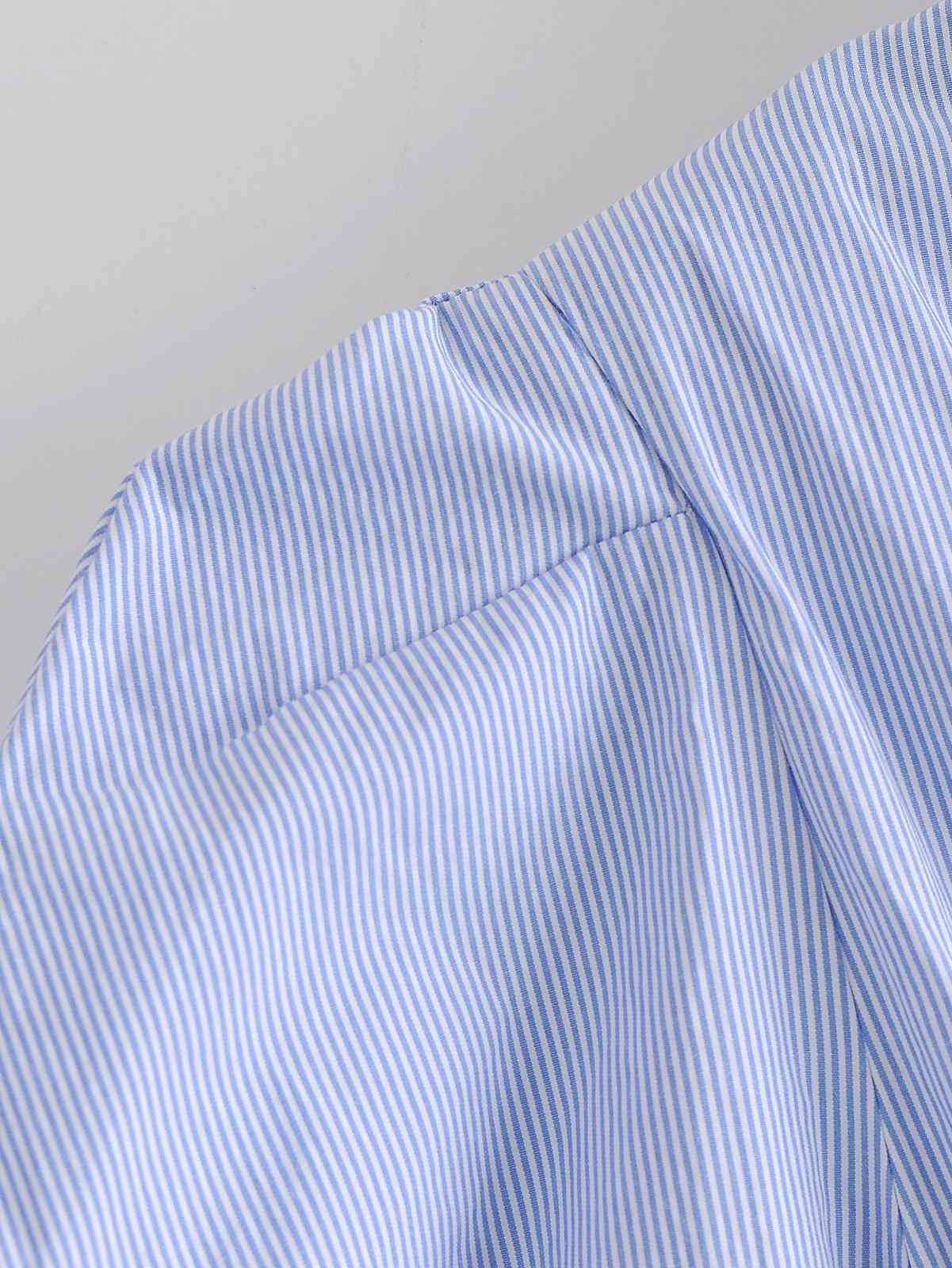 Retro Blue White Striped Pleated Ruched Mini Dress Woman Vintage Buttons Short Sleeve Puff Cuff Shirt Dresses Holiday 210429