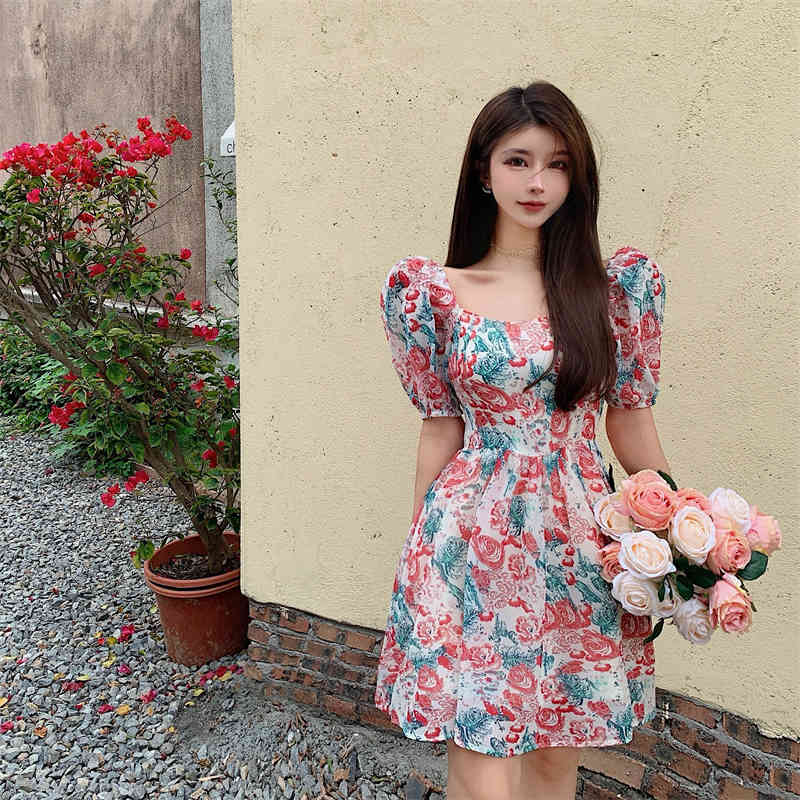 Sweet Flower Pattern Slim Waist Dresses Women Summer Elegant Square Collar Puff Sleeve Vestidos Fashion A-line Mini Dress 210519