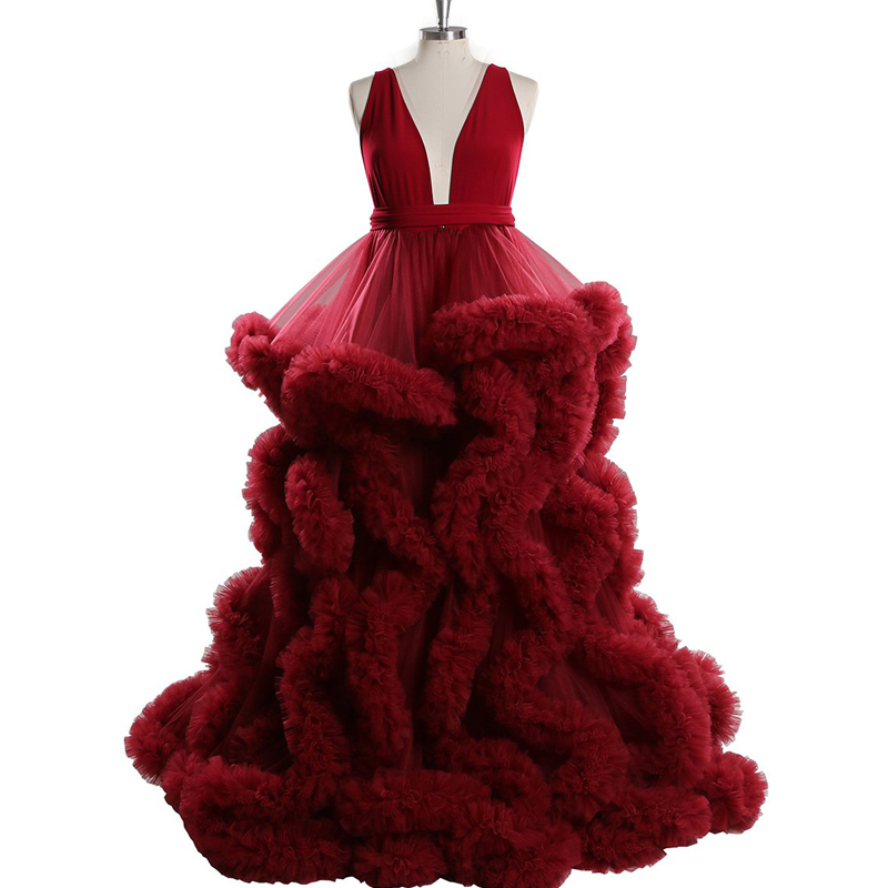 Illusion Sleepwear Red Sheer Maternity Robe for Photoshoot Extra Puffy Tulle Pregnant Women Robes Photography Dress Real Photos