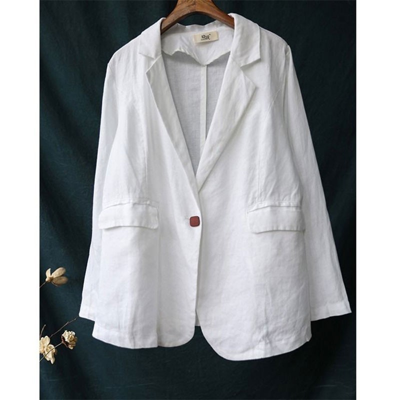 Arrival Spring Arts Style Women Long Sleeve Loose Casual Blazers Single Button 100% Linen Solid Blazer Femme Coat M278 210512
