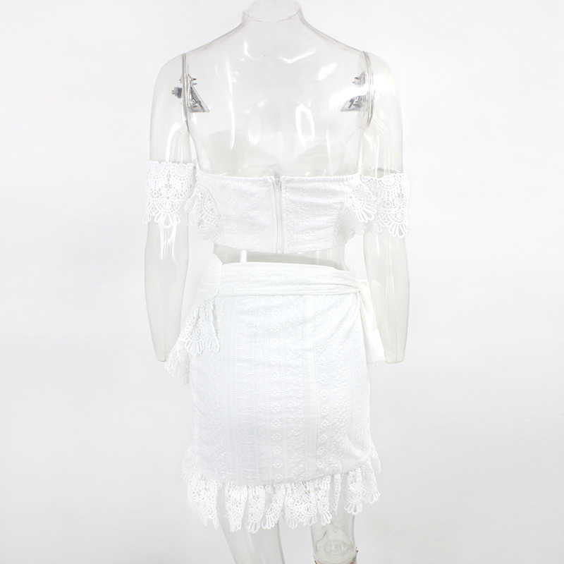 DEAT Summer White Lace Hollow Out Bandage Bodycon Slash Neck Short Top Mini Skirt Two Piece Set Women Outfits MI629 210708