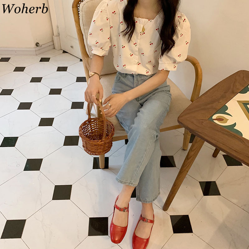 Women Blouses Vintage Shirts Print Cherry Square Collar Sweet Puff Sleeve Blouse Summer Wild Korean Clothes Tops 210519