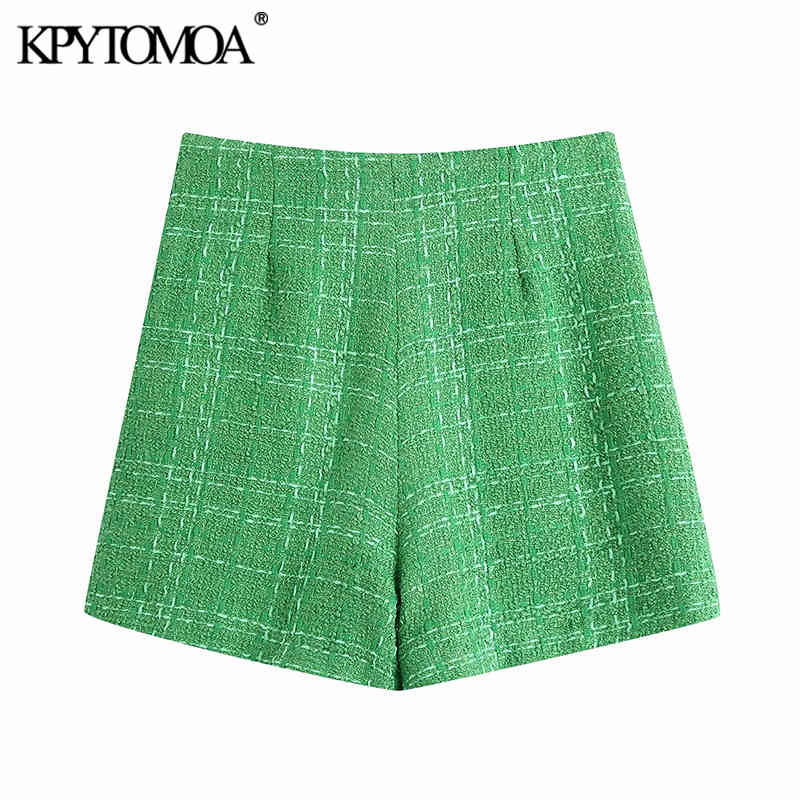Women Chic Fashion With Lining Tweed Shorts High Waist Back Zipper Female Short Pants Mujer 210420