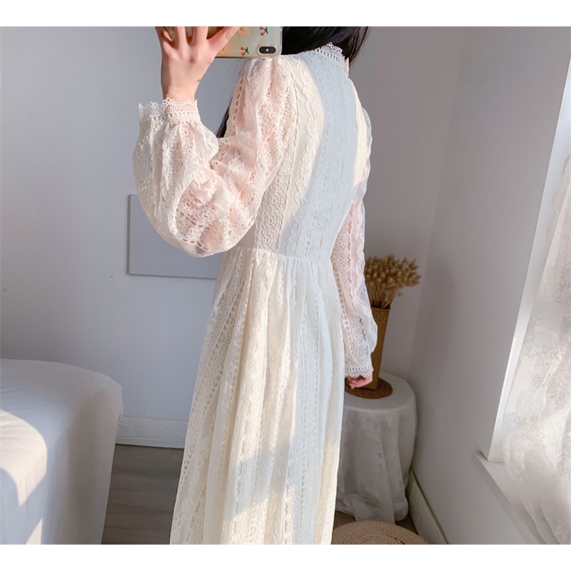Fashion Runway Spring Lace Hollow Out Long Dress Women Bow Stand Collar High Waist Elegant Party Vestido 210520