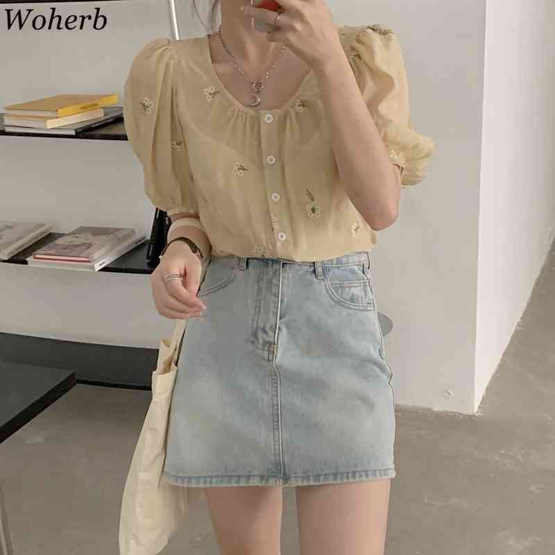 Korean Blouse Women Summer Embroidery Floral Hollow Out Shirt Puff Sleeve See Through Chic Elegant White Top 210519