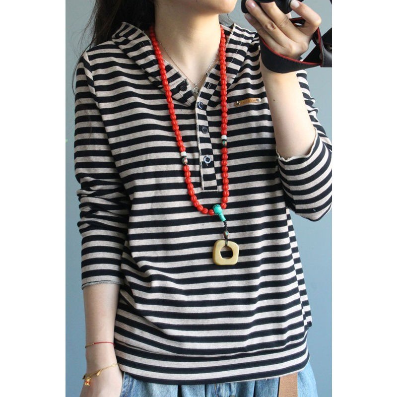Spring Autumn Arts Style Women Long Sleeve Casual Hooded Pullovers Cotton Striped Loose Hoodies High Quality M501 210512