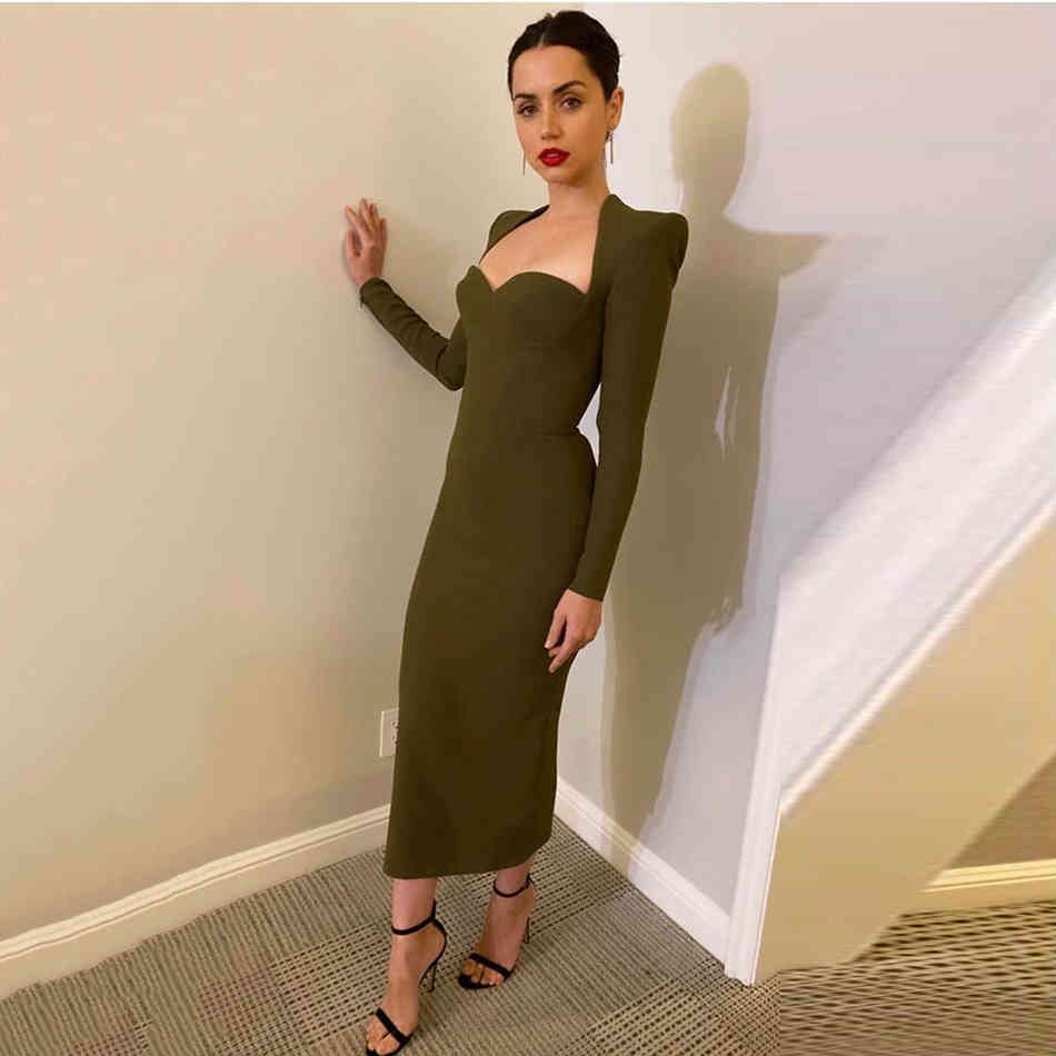 High Quality Women's Army Green Sexy Tight V-neck Long Sleeve Shoulder Rayon Bandage Celebrity Party Dress 210525