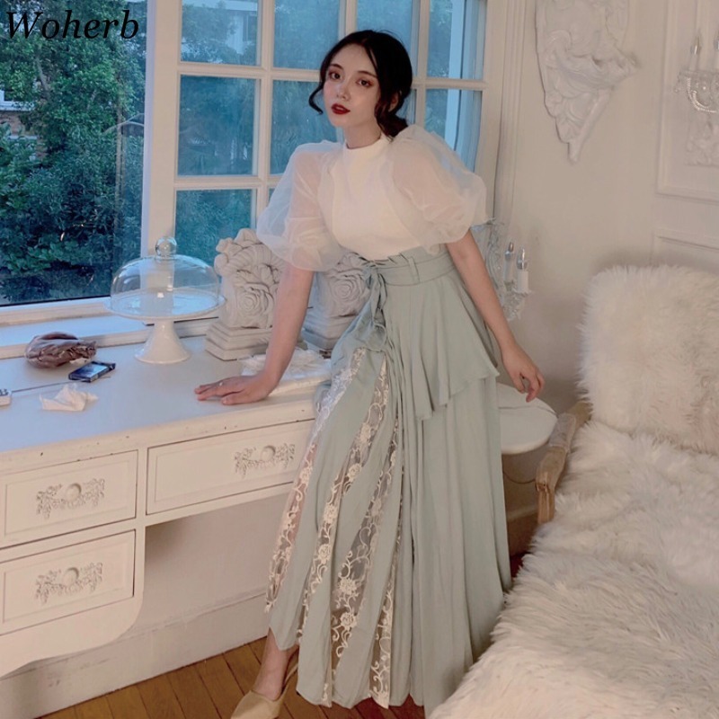 Elegant Lace Skirts Womens Faldas Largas Mujer Korean Fashion Clothing Bandage Pleated Skirt Summer Kawaii Femme 210519