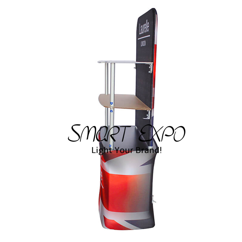 Trade Fair Advertising Display Promtion Counter Rack with HDF Top-Bottom Boards Thick Aluminum Tube Tension Fabric Printed Graphic Portable Carry Bag