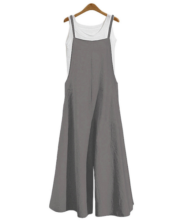 Casual Summer women's Solid Strap Wide Leg Pants Pockets Romper Dungaree Bib Overalls Loose Cotton Linen Jumpsuits for women 210428