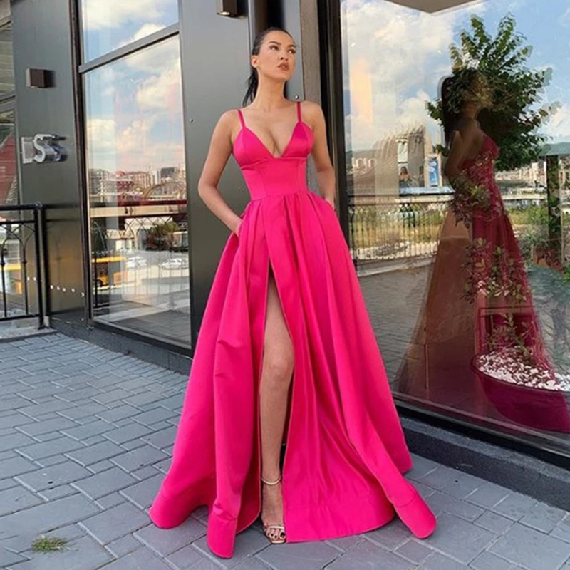 Sexy V Neck Satin Evening Dresses Spaghetti Strap Side Slit Prom Dress High Waist Evening Gowns Party Dress Robe de soiree