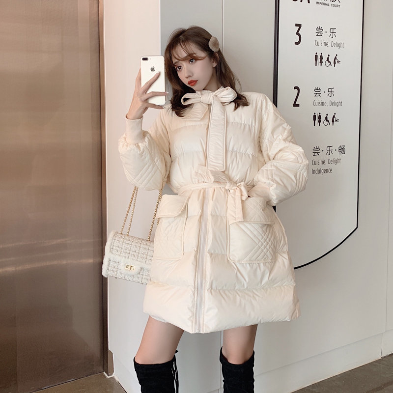 Stylish Casual Jacket Lace-Up Outwear Brief Girls All-Match Thick Warm Winter Loose Women Mid-Length Jackets 210421