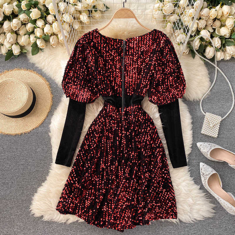 Lady Fashion Bling Glitter Mini A-line Dress Women Autumn and Winter Long Sleeve Slim Elegant Vestidos Q436 210527