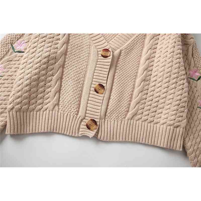 autumn French fashion loose short flower embroidered lantern sleeve knitted cardigans sweaters cropped tops for woman 210508