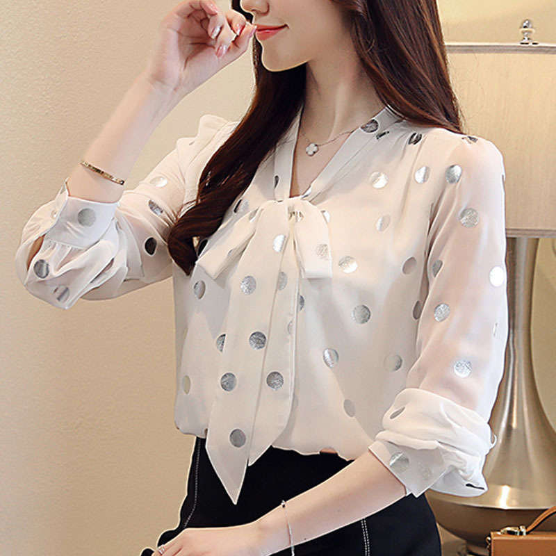 Blouse women spring white long sleeve shirts for tops bow chiffon blouse Polka Dot V-Neck blusas femininas 7960 50 210427