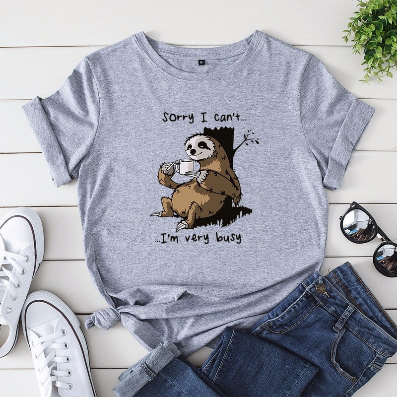 JCGO Women T-shirt Summer Short Sleeve Cotton Plus Size S-5XL Cute Lazy Sloth Print Funny Casual O Neck Female Tshirt Tees Tops 210406