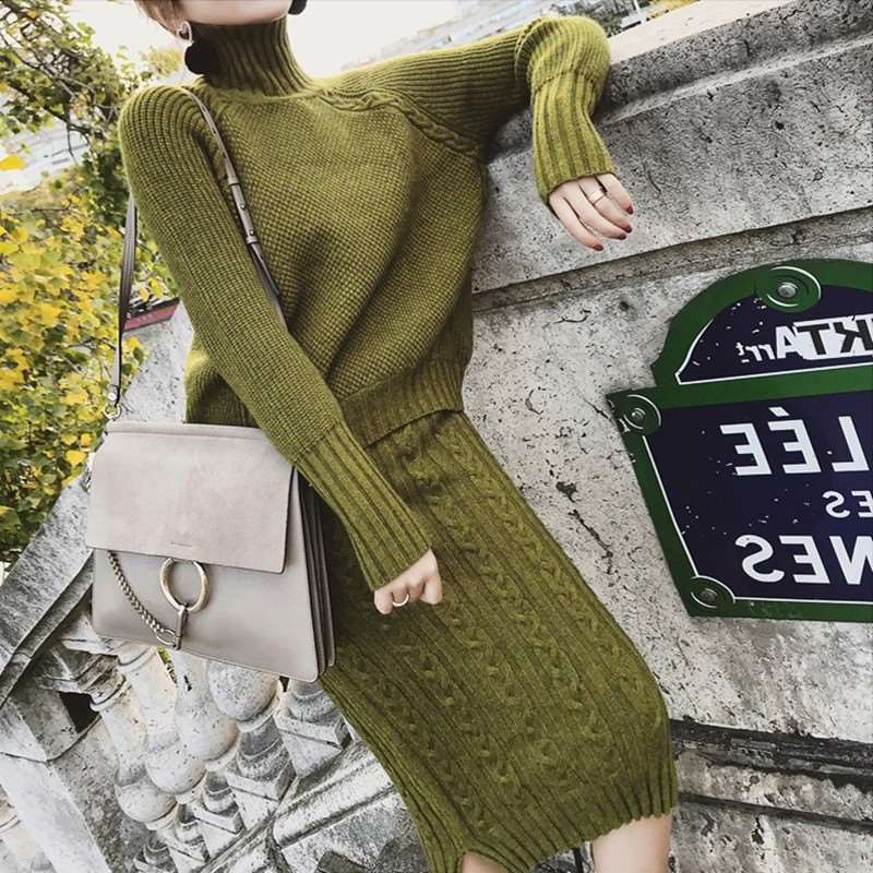 Twisted Knitted 2 Piece Sets Outfits Women Long Sleeve Turtleneck Pullover Sweater + Split Pencil Skirt Suits Ladies Fashion Set 210518