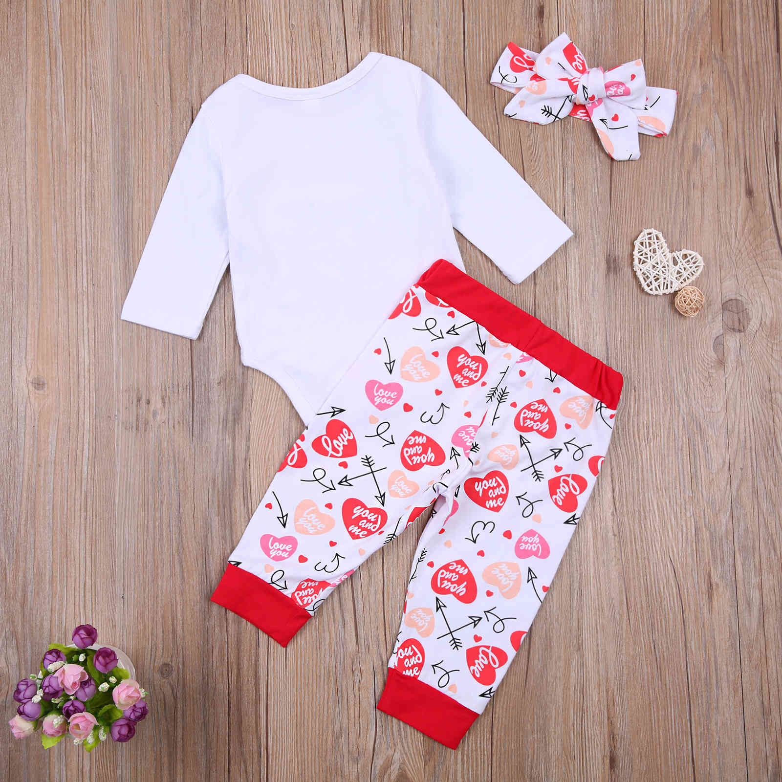 0-18M My 1st Valentines Day born Baby Girl Clothes Set Summer Cute Infant Letter Romper + Pants Headband Outfits 210515
