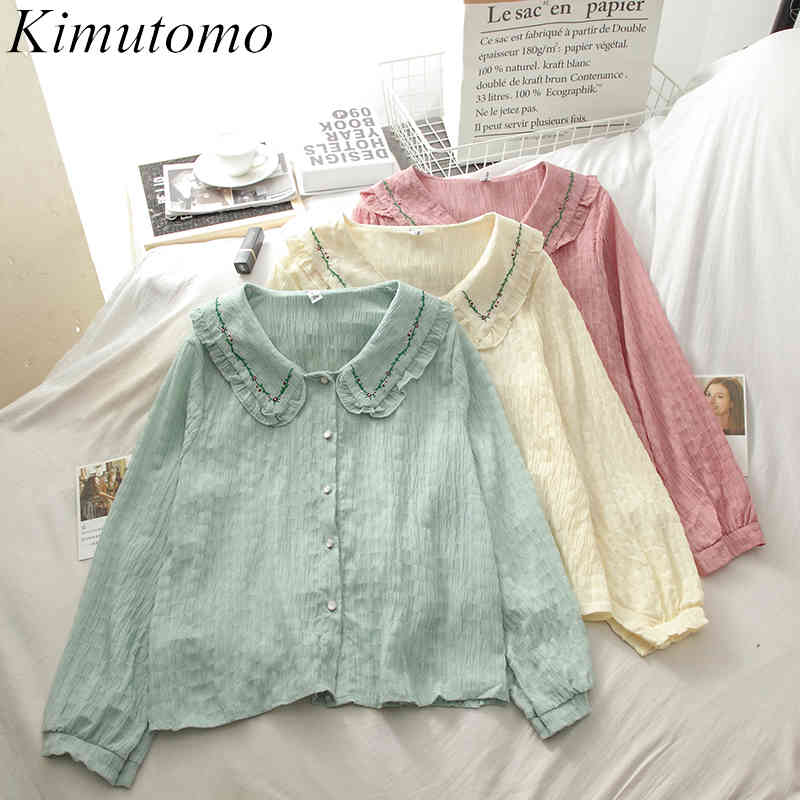 Kimutomo Chic Fungus Embroidered Blouse Female Peter Pan Collar Spring Long-sleeved Single Breasted Shirt Elegant Casual 210521
