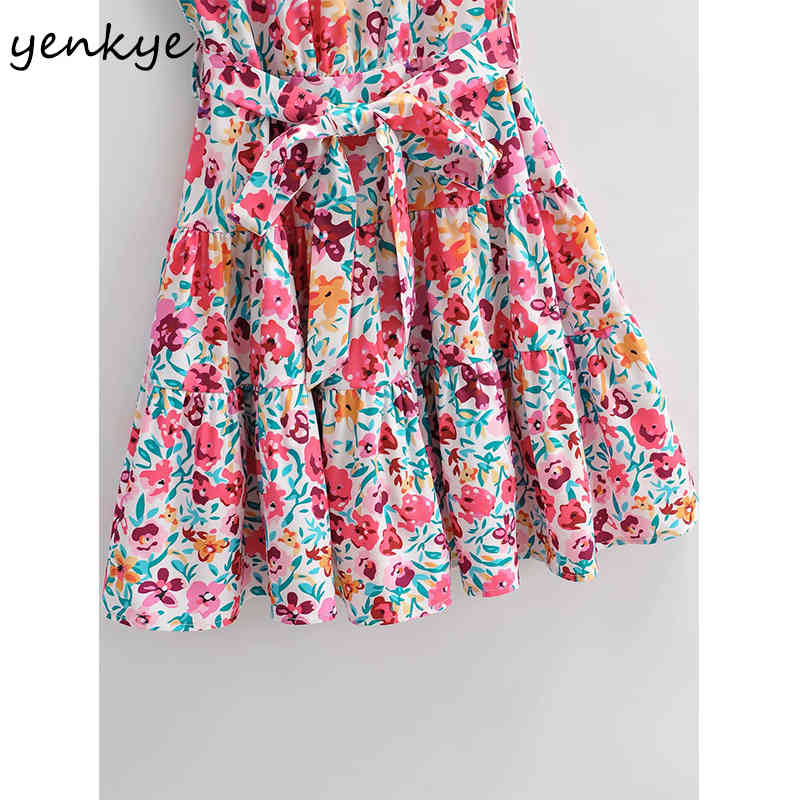 Multicolor Floral Print Halter Dress Women Sexy Sleeveless Sashes A-line Short Vestido Mujer Holiday Summer Beach Dresses 210430