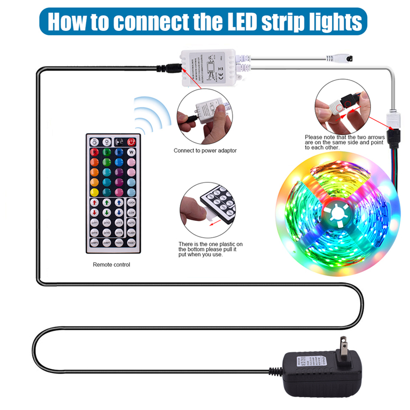 USA Stock Led Strips 16.4ft 32.8ft 12V-5050 Lamp Beads RGB 44 Keys Remote Control 150LEDs 300LEDs suitable for outdoor, KTV, living room, bedroom ect.