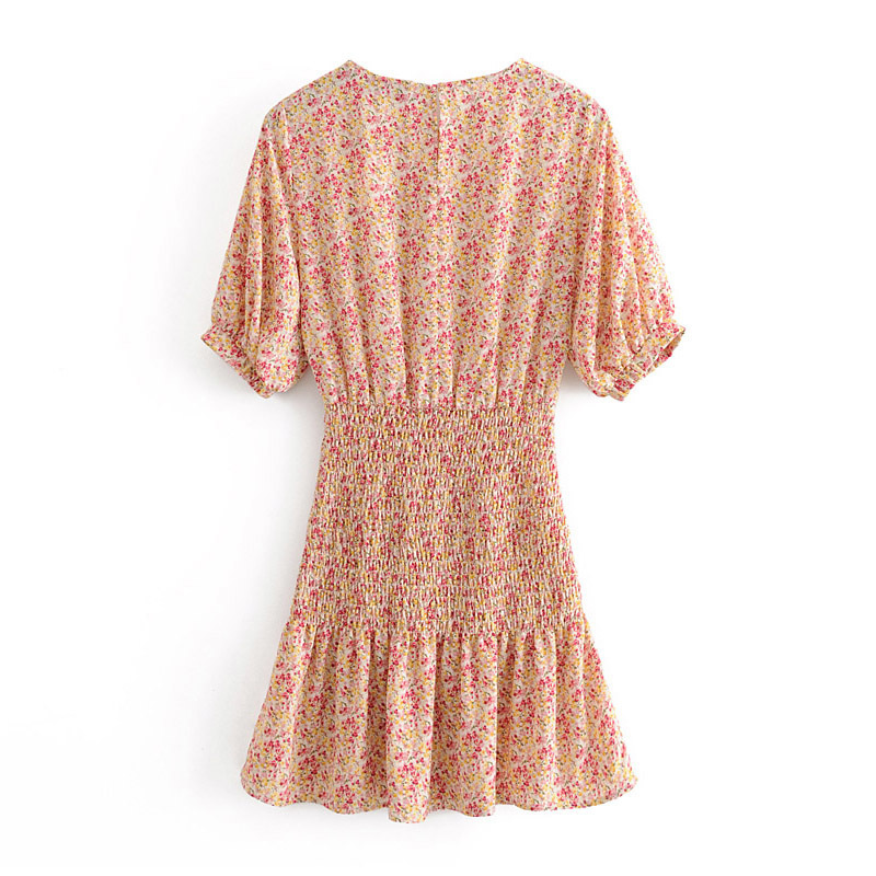 Summer Bodycon Floral Print Dress O Neck Short Sleeve Beach Mini Dress Women Hollow Out Pleated Dress Sundress Vestidos 210414
