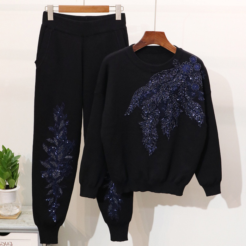 VGH Casual Embroidered Sequin Sets For Women O Neck Long Sleeve Tops High Waist Pants Print Two Piece Set Female Fashion New 210421