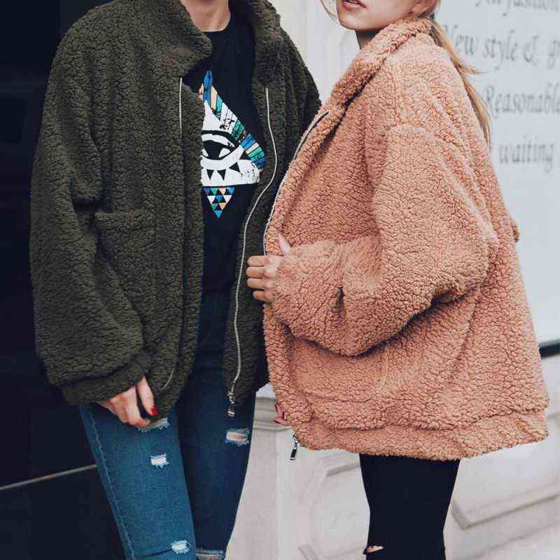 Elegant Faux Fur Coat Women Autumn Winter Warm Soft Zipper Fur Jacket Female Plush Overcoat Pocket Casual Teddy Outwear 3XL 211123