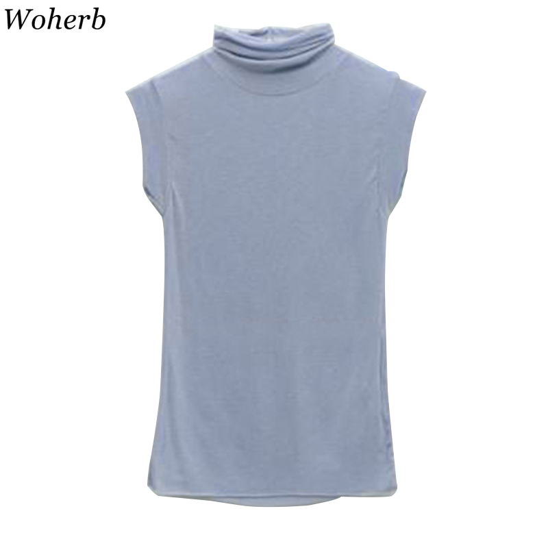Woman Tshirts Korean Fashion See Through Shirts Sexy Lady Turtleneck Slim Sleeveless Tees Temperament Female Tops 210519
