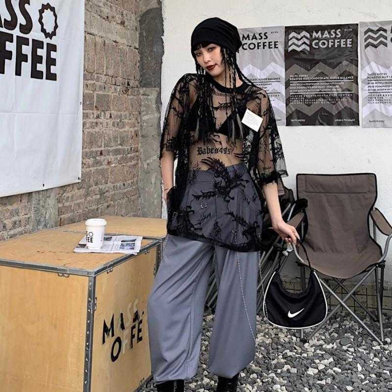 Yedinas Summer Sexy Mesh T Shirts Women Lace See Through Oversize Tops Semitransparent Gothic E Girl T-shirt Streetwear 90s 210527