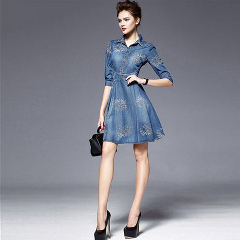Casual Dresses 2021 Spring Summer Temperament Dress Short-sleeved Slim Slimming Vestidos Denim Embroidered Women A734