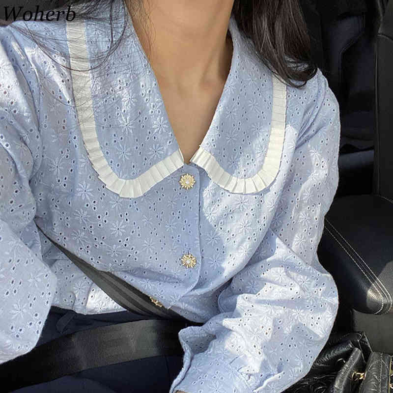 Peter Pan Collar Blouse Women Spring Summer Korean Chic Elegant Lace Hollow Out Female Shirt Casual All Match Blusas 210422