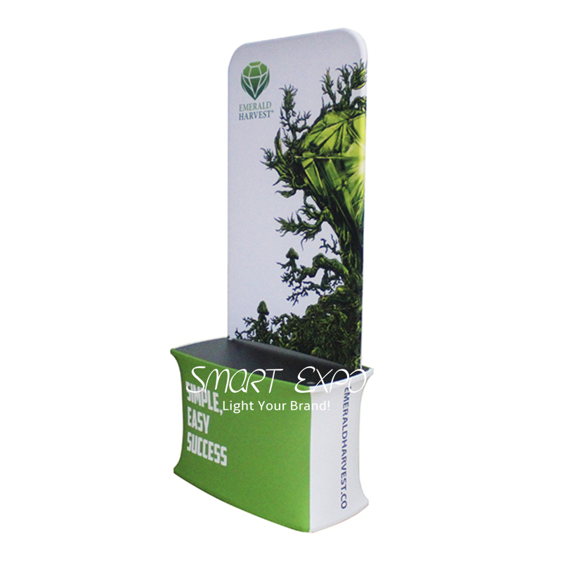 Trade Fair Advertising Display Promtion Counter Rack with HDF Top-Bottom Boards Thick Aluminum Tube Tension Fabric Printed Graphic Portable Carry Bag